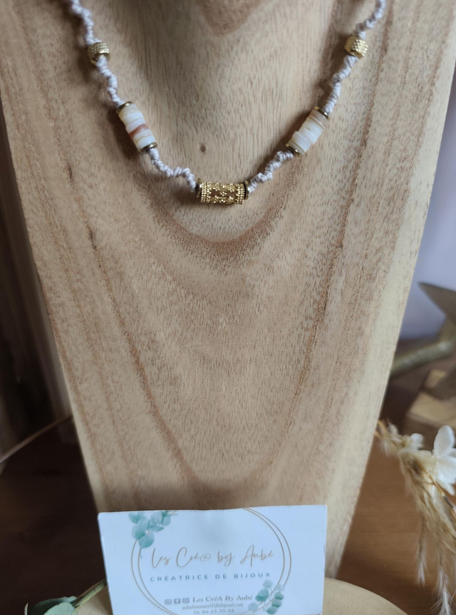 COLLIER ACIER INOXY GOLD/ CORDON TISSU ECRU 0000426