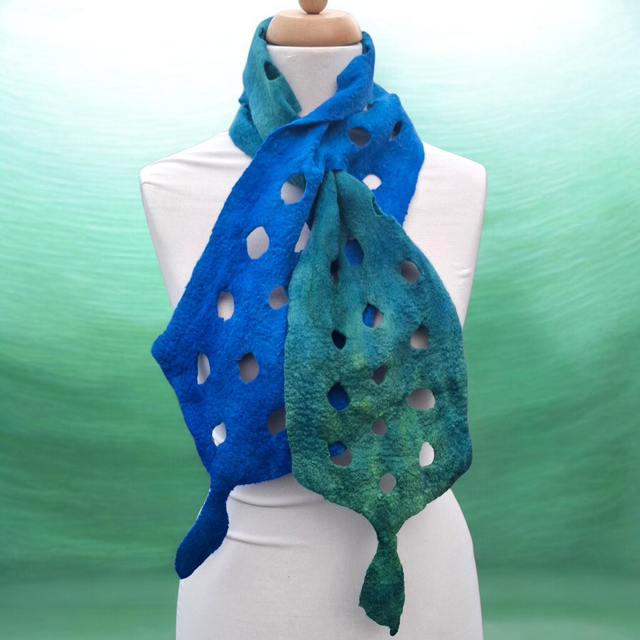Blue and Green felted leaf style scarf 