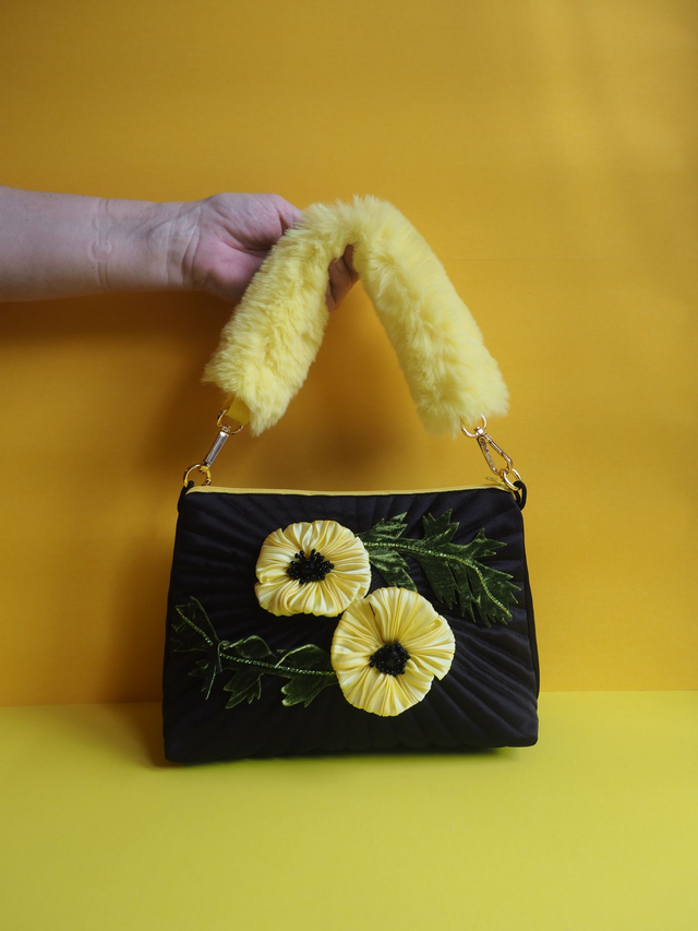 Yellow Pastel Poppy Black Mini Sweetheart Handbag