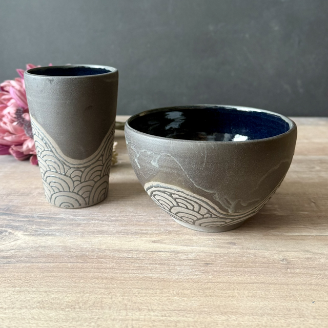 Stoneware Tumbler & Cereal Bowl Set, dark clean design, black | wheel-thrown, hand-drawn wave patterns inspired by Japanese patterns