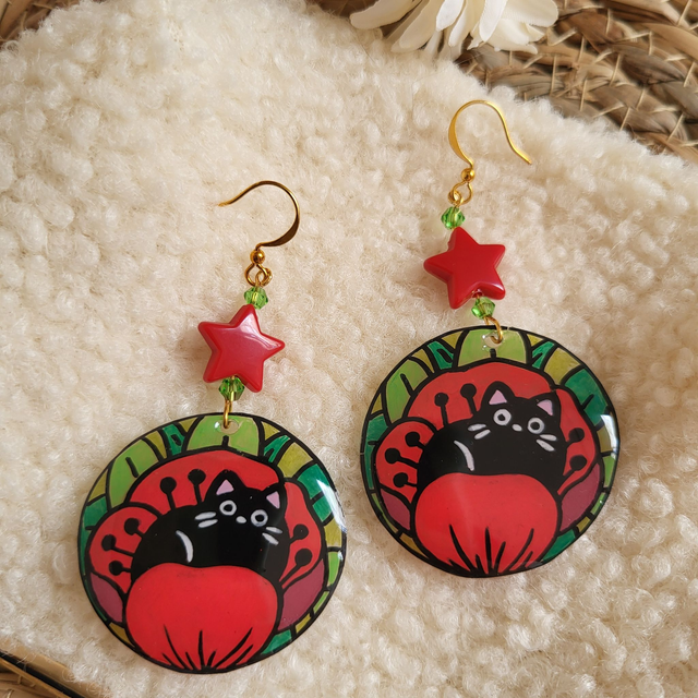 boucle d'oreille chat coquelicot