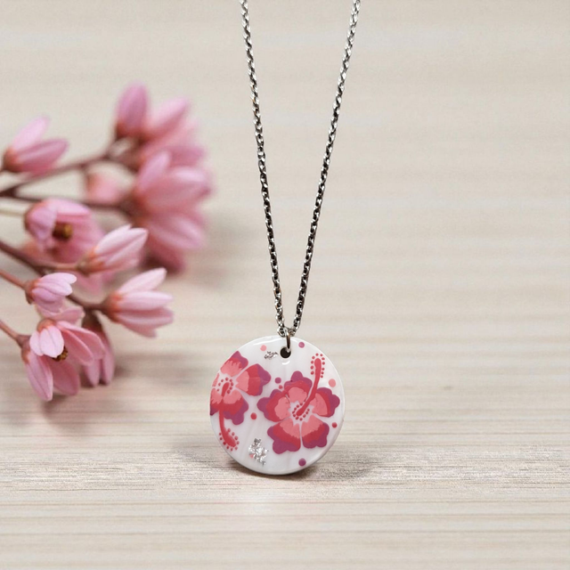Collier dessiné Flora acier inoxydable rose nacre