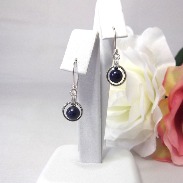 Lapis Lazuli gemstone dangle earrings with bead in a ring of recycled silver