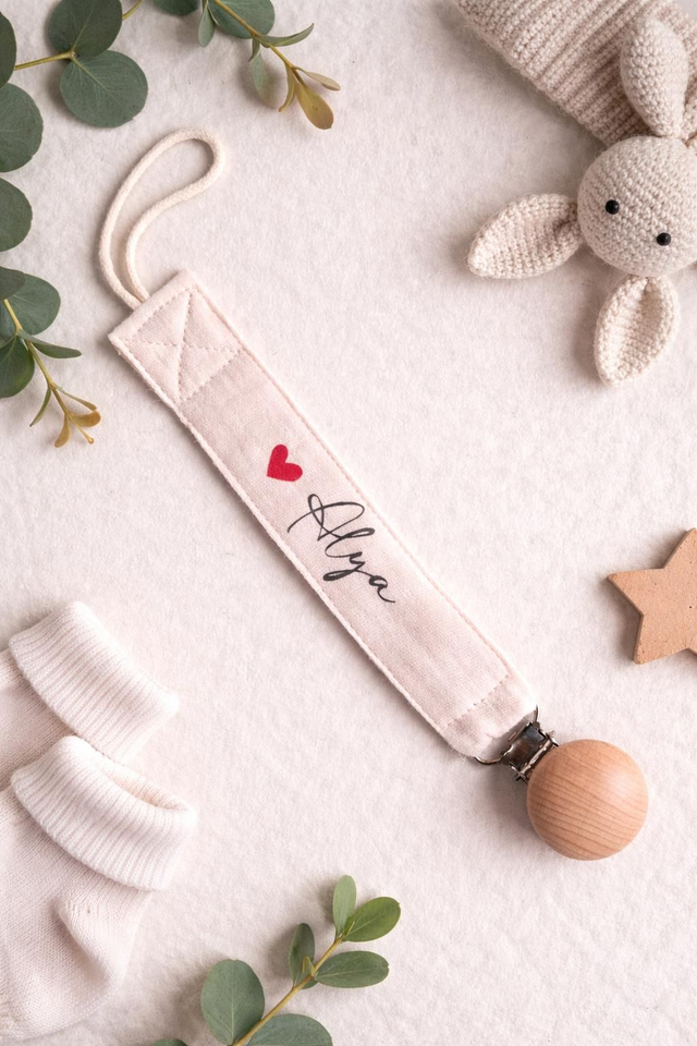 Attache tétine personnalisée avec cœur rouge et prénom bébé