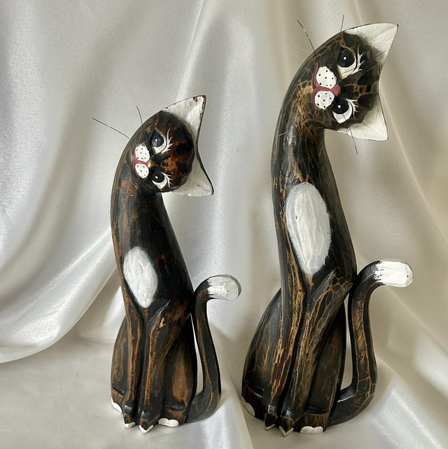 Vintage Hand-Carved Wooden Cat Figurines | Matching Pair