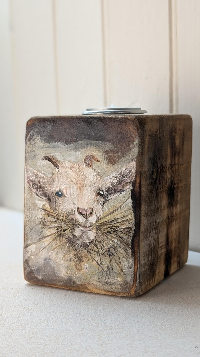 Goat chewing the straw - Tealight Holder Reclaimed Wood