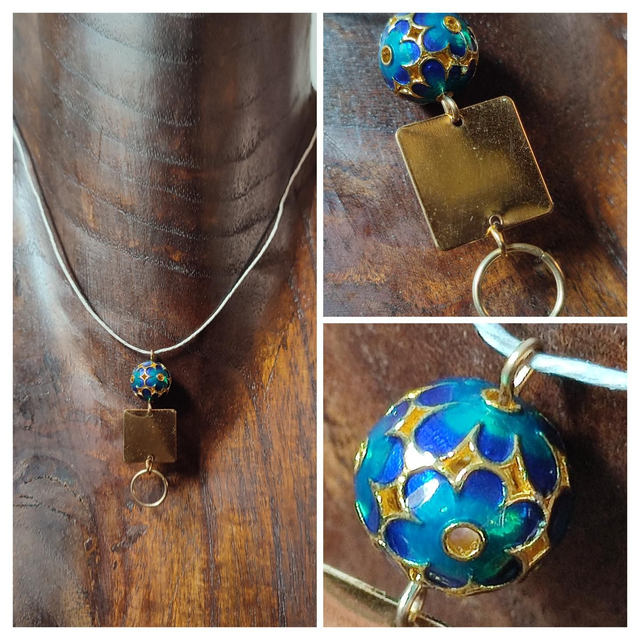 Collier perle cloisonné , carré et cercle monté sur fil de lin réglable avec chaîne d'extension 