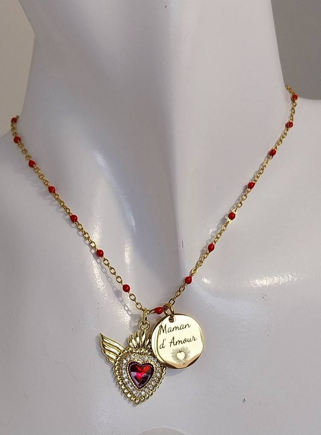 ✨Collier "Maman d'Amour" avec chaîne perles émaillées rouges✨(28CO)