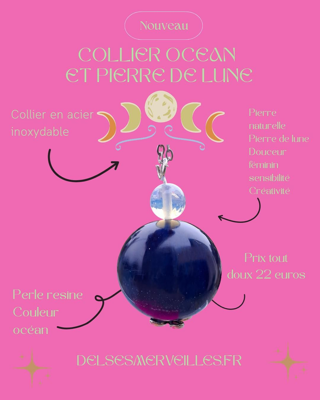 Collier boule bleu mer et perle pierre de lune