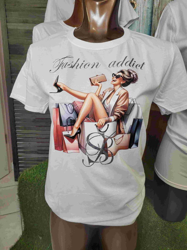 T-SHIRT BLANC FEMME FASHION ADDICT (A96) 
