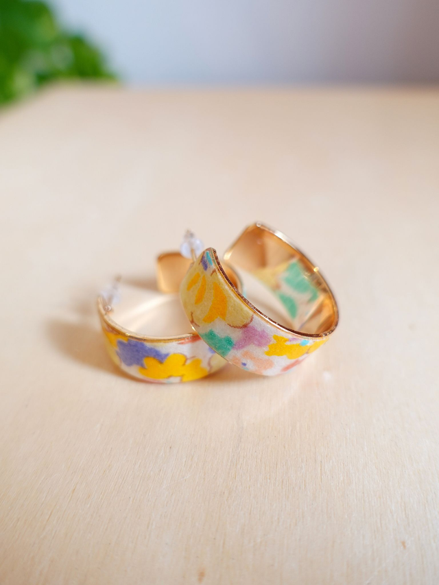 Plaqué or 18k & acier inoxydable / Papier japonais washi / Jaune, or / Bijou japonais / Boucles d'oreilles /