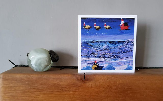 Father Christmas and Christmas sheep over Fry-up Dale, North York Moors. 6x6" Christmas Card