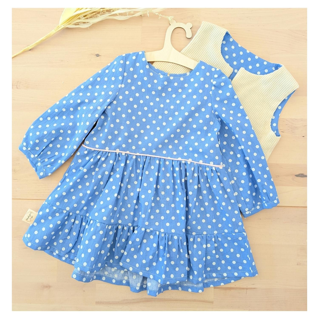 Noël – Ensemble robe + gilet – Tissu coton bleu à pois blanc