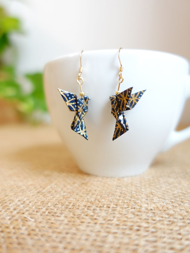 Origami Colombe, oiseau / GOLD FILLED, Or laminé / Boucles d'oreilles / Papier japonais washi / Bleu gris, or / Bijou japonais origami /