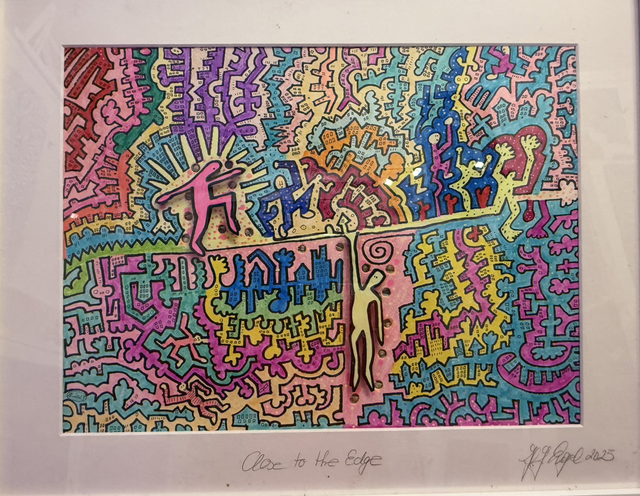 CLOSE TO THE EDGE, Rahmen 53x42 cm, Passepartout 39x29 cm, Edding, Acryl- und Aquarellfarben auf Aquarellpapier, 3D-Technik