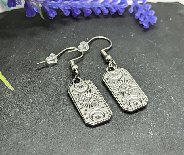 Stainless Steel Sun, Moon &amp; Star Drop Earrings.