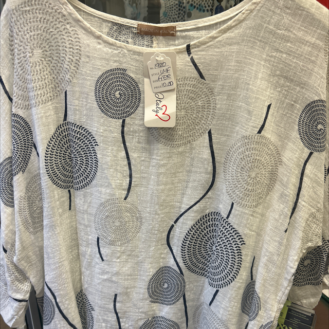Made In Italy - White Linen Top with Swirl & Squiggle Pattern - Free Size - 1920