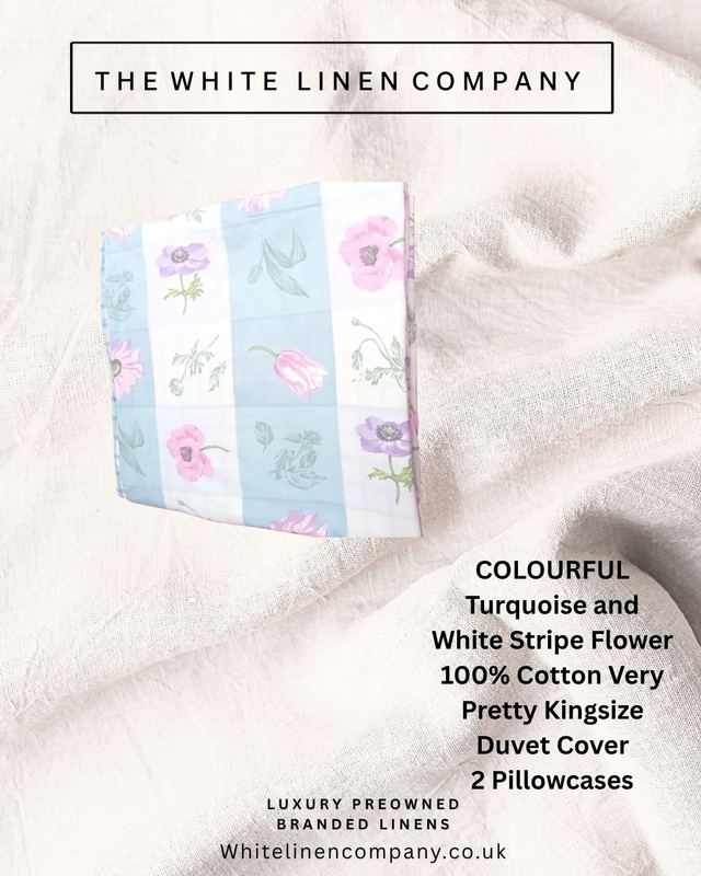 TURQUOISE Kingsize 100% Cotton Striped Floral Reversible Check Duvet Cover - 2PC