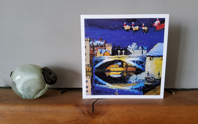 Father Christmas and his flying sheep over Lendal Bridge York. 6x6&quot; christmas card. 