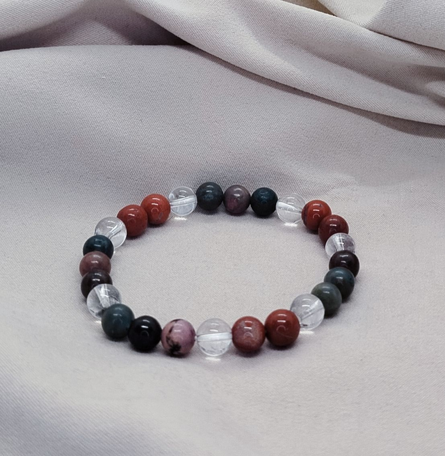 Bracelet homme 18 cm en pierres naturelles (jaspe rouge , rhodochrosite, cristal de roche)