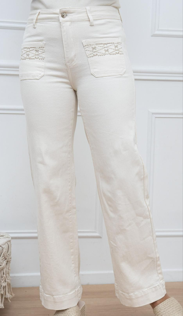 Jean wide leg crème poches brodées