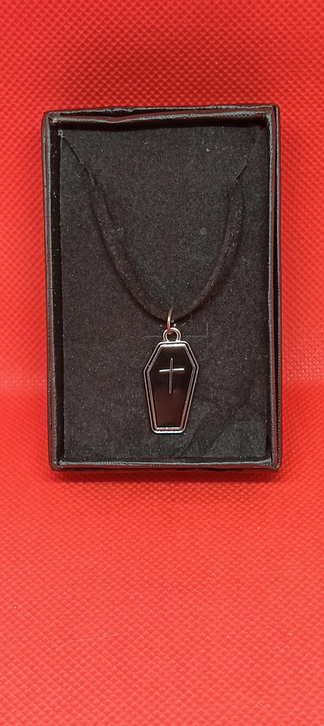 Black &amp; Silver Enamel Coffin With Cross Pendant Necklace.