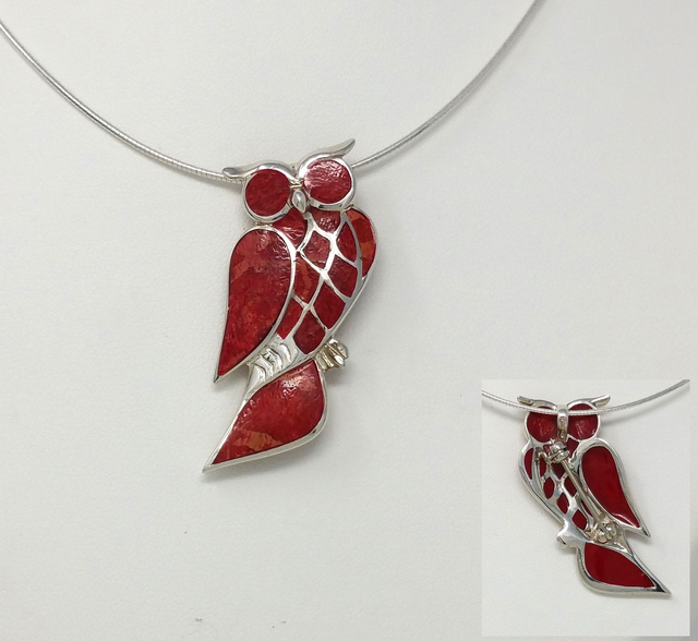 PENDENTIF - BROCHE HIBOU EN CORAIL SUR ARGENT MASSIF - VENDU SANS CHAINE - 3412