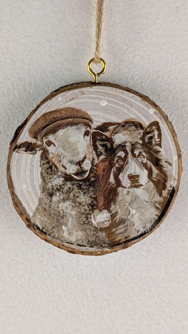 Sheep with Collie Dog, in flat cap and Santa hat - Log slice