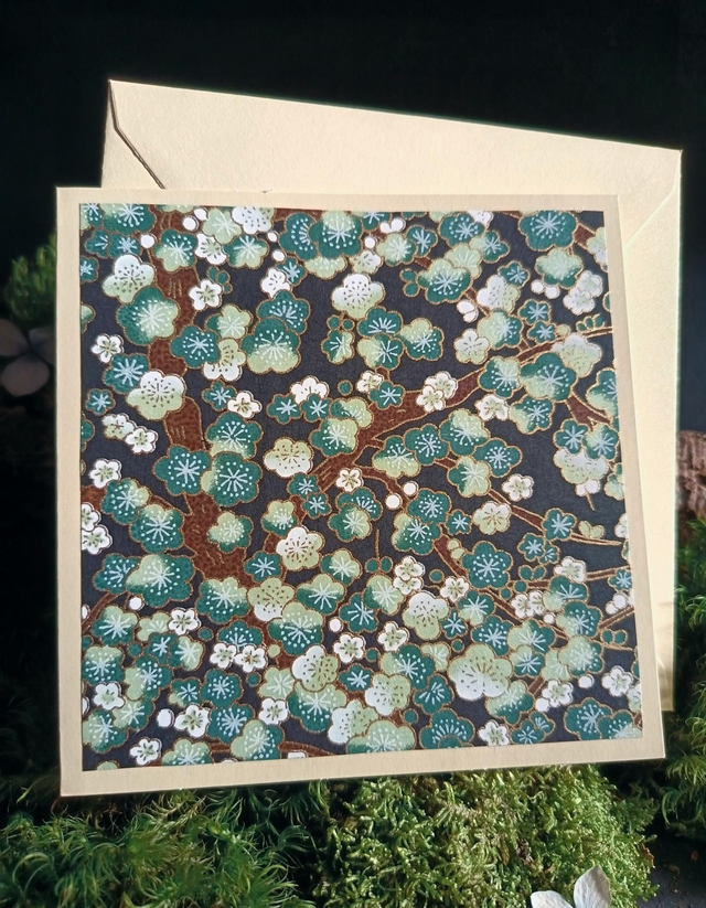 Carte - enveloppe - papier washi - fleurs de prunier - vert - La&Titia 
