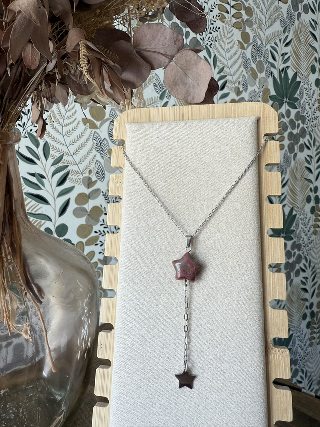 Collier Y Etoiles en rhodonite &amp; inox couleur argentée