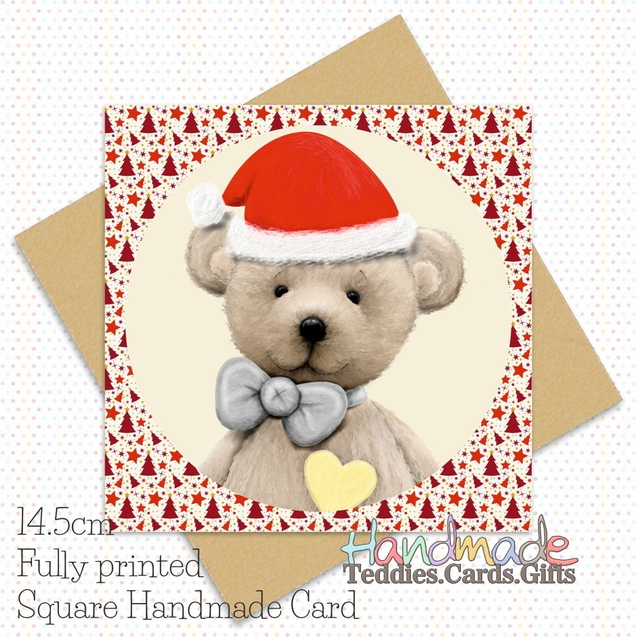 Printed Christmas Teddy Bear Card. 14.5cm square. 350gsm. Fully printed. Blank inside. Red. Christmas trees. Stars. Santa hat.  