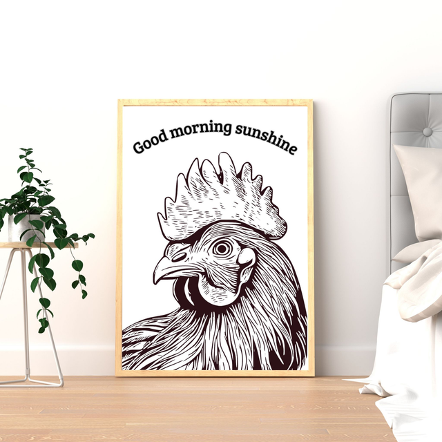 Hahn Illustration - „Good Morning Sunshine“ Poster – Digitaler Download – Retro Wandkunst – Lustiges Küchenposter