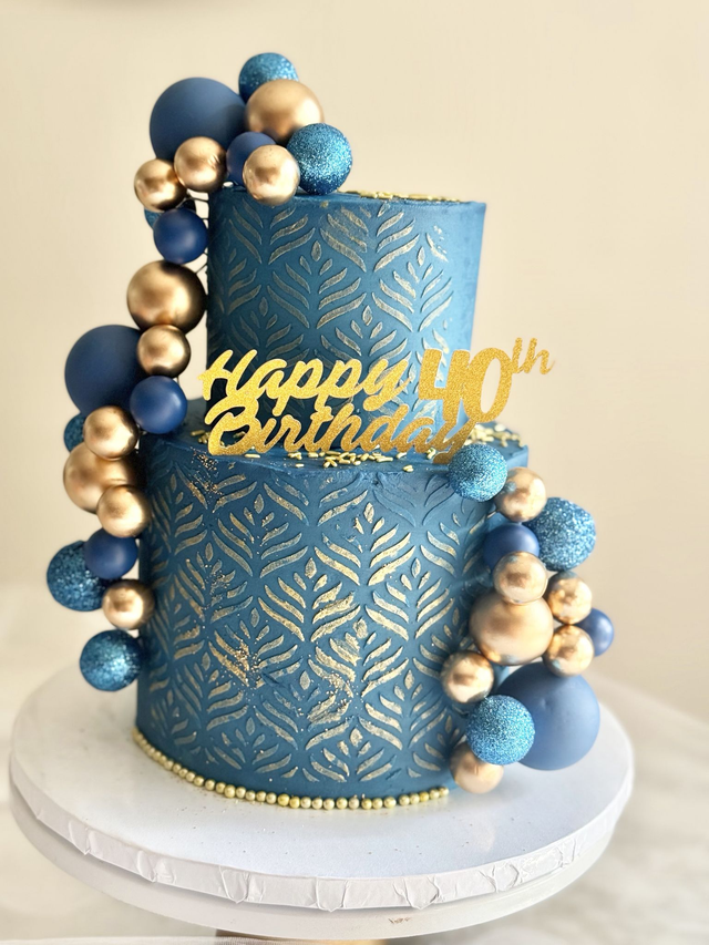 Blue & Gold 2 tier Birthday Cake