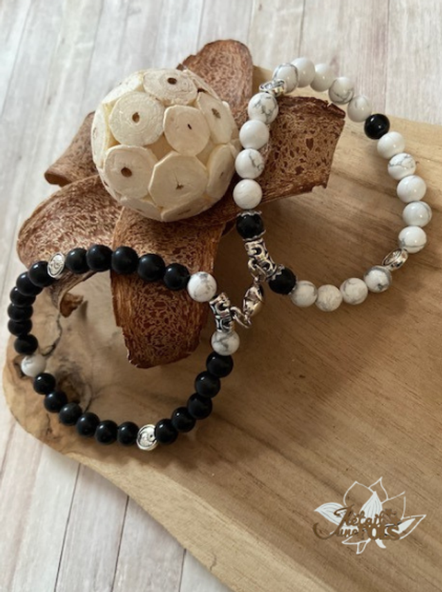Bracelet Couple &quot;Obsidienne Noire/Howlite&quot;