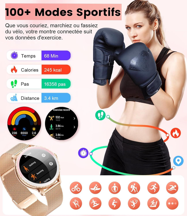 Montre Connectée Femme Dorée – Acier Inoxydable, Appel Bluetooth, Suivi Cardiaque & Sommeil, +100 Modes Sport 🌸