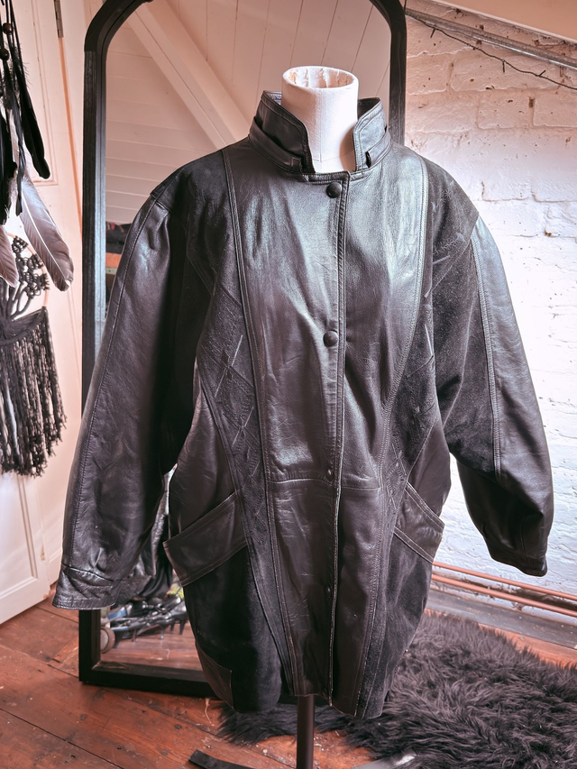 Black Leather &amp; Suede Print Coat – 80’s Oversized Style