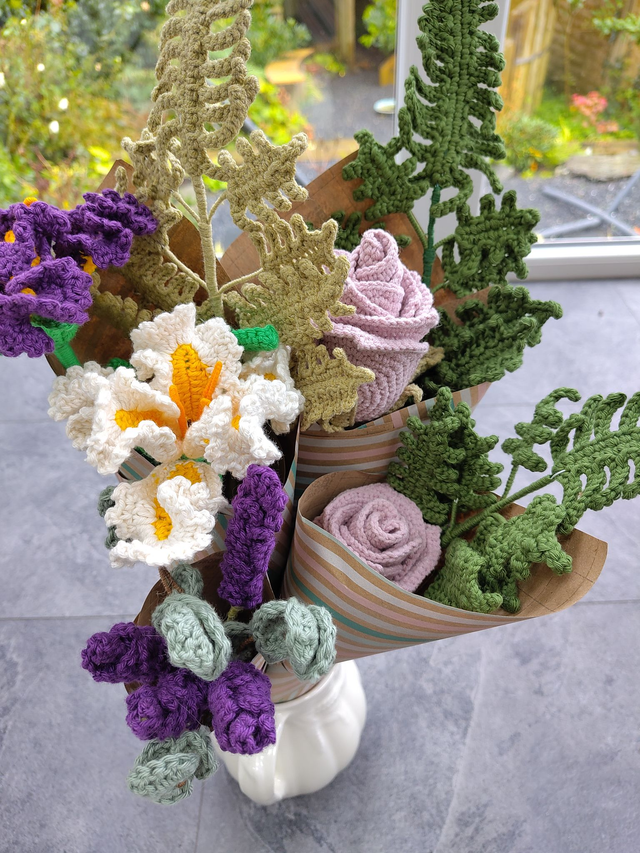 Crochet Crafts - Bouquet of Iris&#039;s &amp; Roses with Fern Spray - (Made to order - allow 4 weeks craft time)