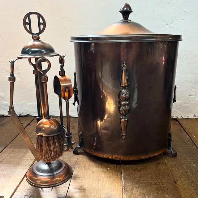 Art Nouveau Copper & Brass Fireside Set, With An Art Nouveau Copper & Brass Fireside Coal Scuttle
