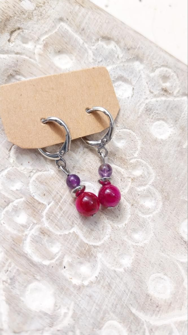 Boucles en Oeil de tigre rose et Amethyste 