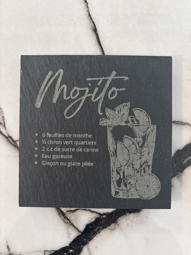 Lot de 4 dessous de verre en ardoise 10 x 10 cm recette cocktail