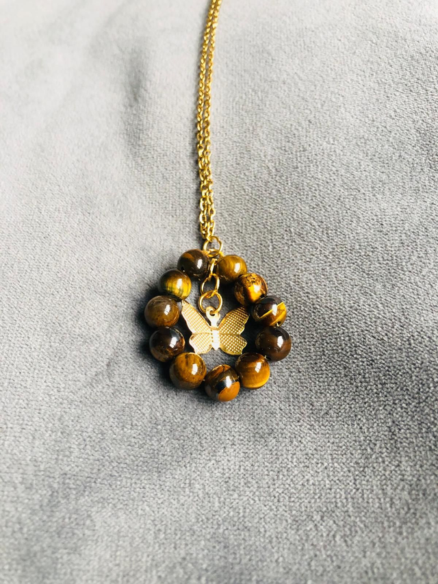 Tiger's Eye Pendant Necklace With Flying Butterfly
