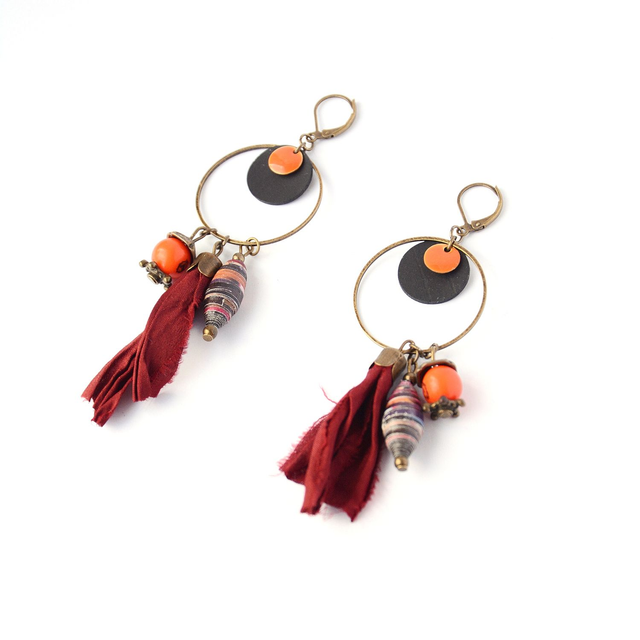 Créoles Upcyclées en Chambre à air, Soie et Graines Recyclées - Indiennes