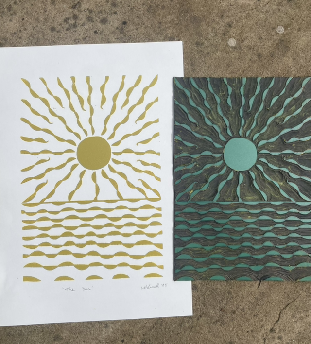 The Sun, Lino print in mustard yellow.