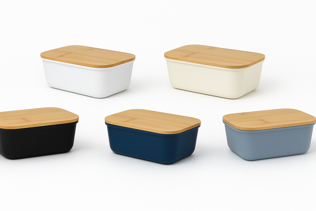 Personalisiertes Lunchbox mit Bambusdeckel – schwarz/weiß/beige/petrol/marineblau - mit Motiv oder Namens Lasergravur