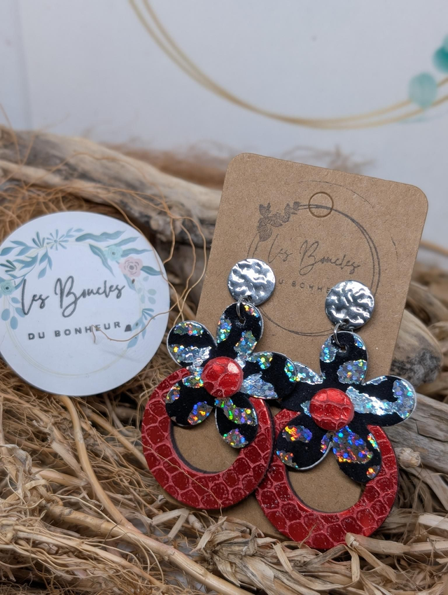 Boucles d&#039;oreilles baby Marguerite rouge argenté léopard bm1137