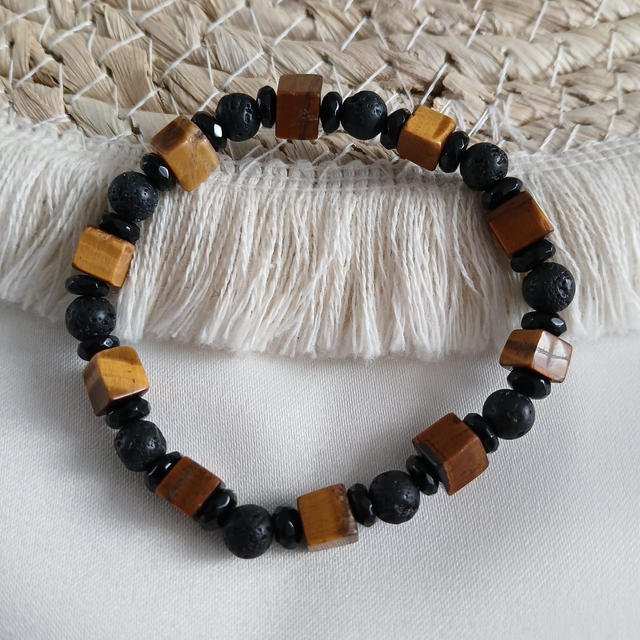 Dames armband Tijgeroog, Lavasteen &amp; Onyx – elastisch (1.312)