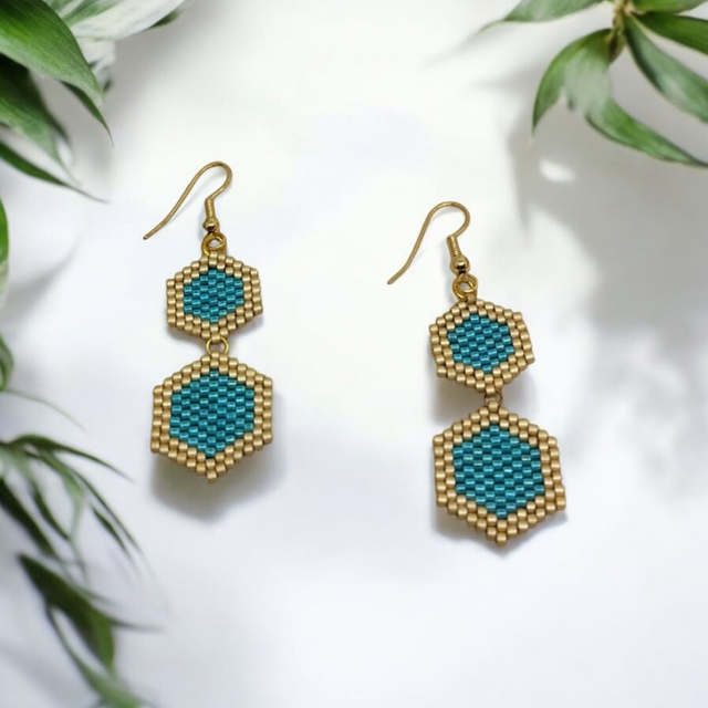 Boucles d'oreilles hexagonales or et bleu