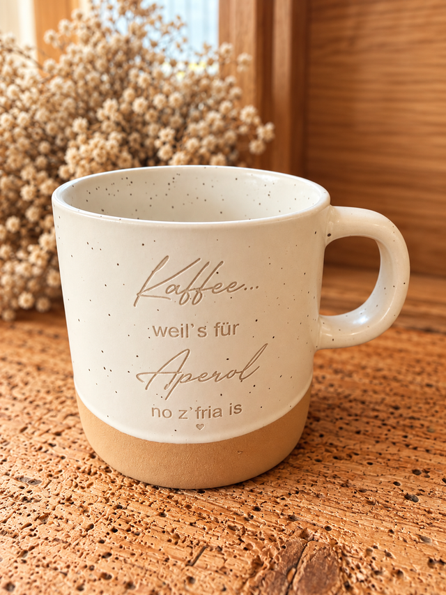 Steinguttasse „Kaffee... Aperol“