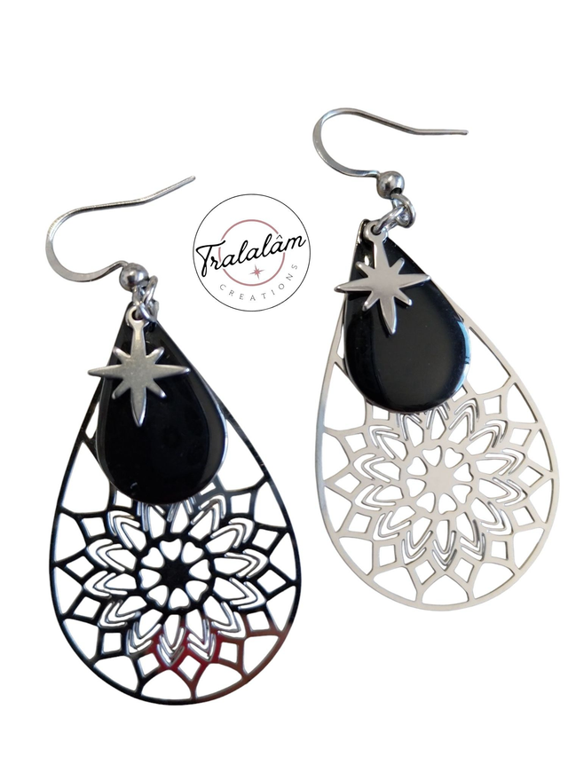 ✨Boucles d'oreilles légères gouttes filigranées argentées/étoiles polaires gouttes émail noires✨(171BO)