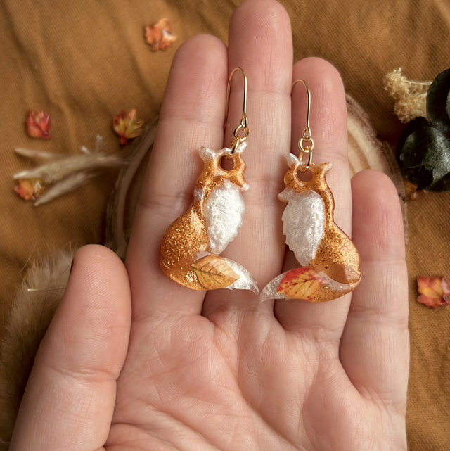 Fox and Leaf Hook Earrings Gold Plated
